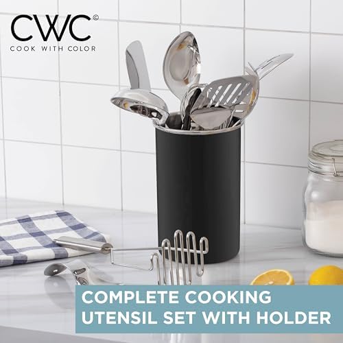 COOK WITH COLOR Kitchen Utensil Set - premium Nonstick & Heat Resistant Kitchen Gadgets, Turner, Spaghetti Server, Serving Spoons, Whisk, Tongs, Masher & Utensil Holder, 10-piece Black