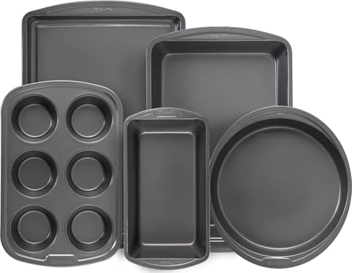 GoodCook Everyday Nonstick Steel 5-Piece Bakeware Set, Gray, Includes Cookie Sheet, Cake Pan, Loaf Pan, Muffin Pan, and Roast Pan, Durable and Scratch-Resistant Baking Set