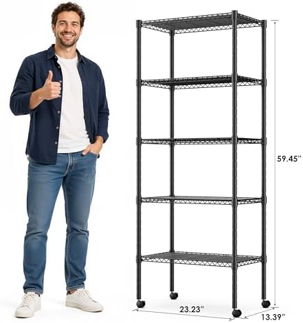 Simple Deluxe 5-Tier Heavy Duty Adjustable Shelf with Wheels, 23.23”W x 13.39”D x 59.45”H,Metal Storage Rack, Easy Tool-Free Assembly for Garage, Warehouse, Basement, Laundry, Black