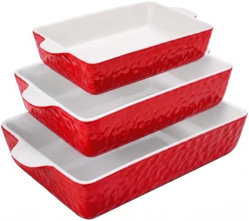 NutriChef 3-Piece Ceramic Casserole Dish for Oven - Premium Lasagna Baking Pans w/ Nonstick Coating & Built-In Handles - Dishwasher & Microwave Safe - 14" x 8", 10" x 6", 7" x 5" - Red
