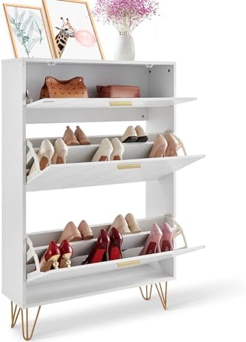 VEVOR Shoe Cabinet with 2 Flip Drawers, Modern Shoes Storage Cabinet with Storage Drawer and Anti-Tipping Device, Freestanding Shoe Organizer Ideas for Entryway, Hallway, Bedroom, Living Room, White