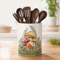 Yellow Mushroom Ceramic Utensil Crock, Forest Mushroom Kitchen Utensil Holder, Farmhouse Rustic Countertop Storage Organizer, Cute Cottagecore Home Decor Caddy for Spatulas Baking Cooking Tools