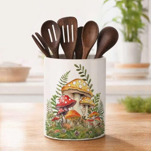 Yellow Mushroom Ceramic Utensil Crock, Forest Mushroom Kitchen Utensil Holder, Farmhouse Rustic Countertop Storage Organizer, Cute Cottagecore Home Decor Caddy for Spatulas Baking Cooking Tools