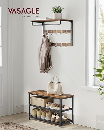 VASAGLE 3-Tier Shoe Rack, Storage Bench with Metal Mesh Shelves and Seat