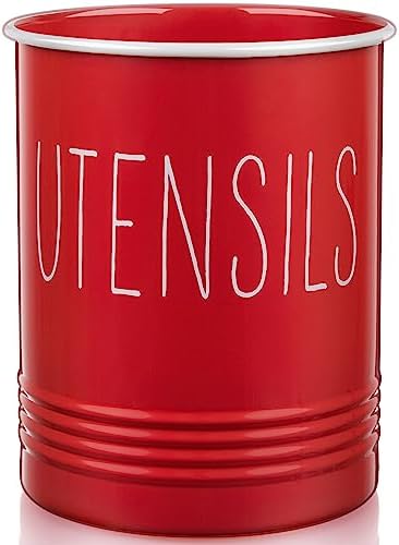 Bivvclaz Kitchen Utensil Holder - 6.7" Utensil Holder for Kitchen Counter - Cooking Utensil Crock with Cork Bottom - Red Decor and Accessories - Countertop Utensil Storage Caddy Organizer