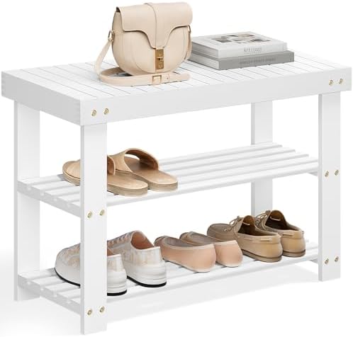 SONGMICS Shoe Rack Bench, 3-Tier Bamboo Entryway Bench, 27.6 Inches Width