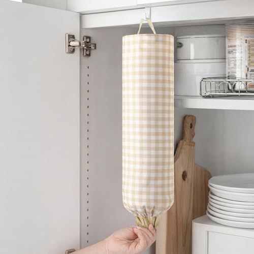 Gingham Plastic Bag Holder for Grocery Bag, Milkshake Tan
