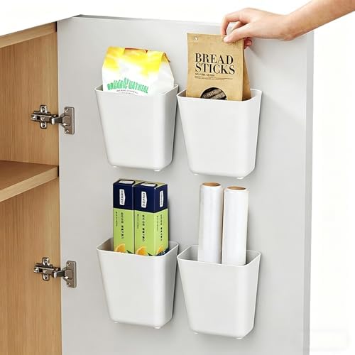 4 Pack Cabinet Door Organizer, Self Adhesive Wall Mount Storage Bins, No Drilling Food Grade ABS plastic for Kitchen, Bathroom, Refrigerator, Wardrobe, Under Sink, Desktop Sundries