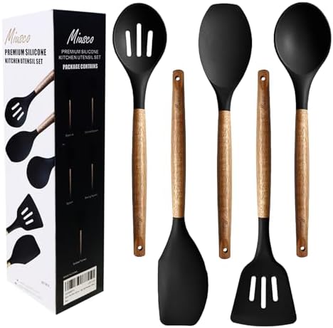 Kitchen Utensils Set, Silicone Cooking Utensils Set,Non-Stick Silicone Spatula Set with Natural Acacia Hard Wood Handle, 5 Piece, Upgraded Thickened Cookware