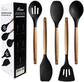 Kitchen Utensils Set, Silicone Cooking Utensils Set,Non-Stick Silicone Spatula Set with Natural Acacia Hard Wood Handle, 5 Piece, Upgraded Thickened Cookware