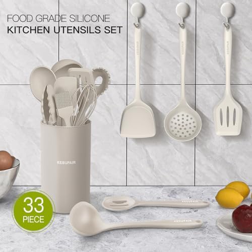 Kitchen Utensils Set - 446°F Heat Resistant Silicone Cooking Utensils Set-Kitchen Tools and Gadgets for Cooking Nonstick Cookware with Tongs,Turner,Spatula,Spoon,Brush,Peeler,Grater,Scissors (Khaki)