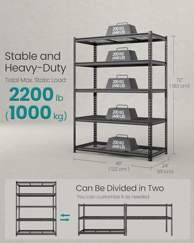 SONGMICS 5-Tier Steel Storage Shelves, Boltless Assembly, 2,200 lb Load