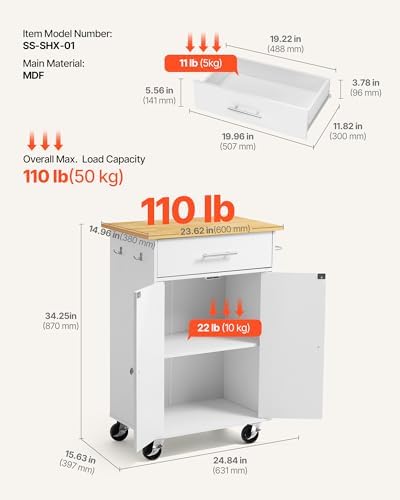 VEVOR Kitchen Island Cart with Storage, 24.84 in Wide Mobile Rolling Storage Island on Swivel Wheels, with Drawer, Storage Cabinet, Towel Rack, Hooks, Table for Home Dining Room, White