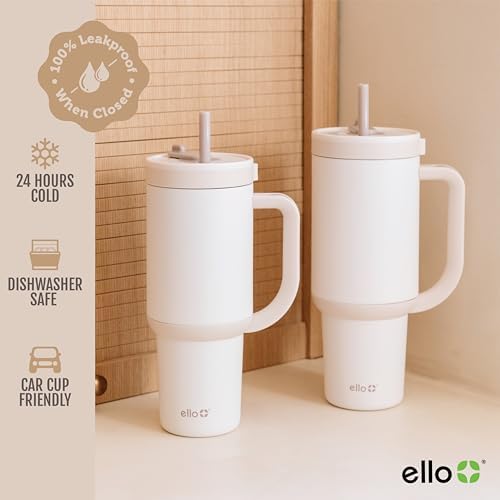 Ello Oasis 40oz Insulated Stainless Steel Tumbler with Straw, Cream Tonal