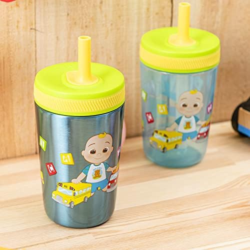 Zak Designs CoComelon Kelso Tumbler Set, Leak-Proof Screw-On Lid with Straw, Bundle for Kids Includes Plastic and Stainless Steel Cups with Bonus Sipper (3pc Set, Non-BPA)