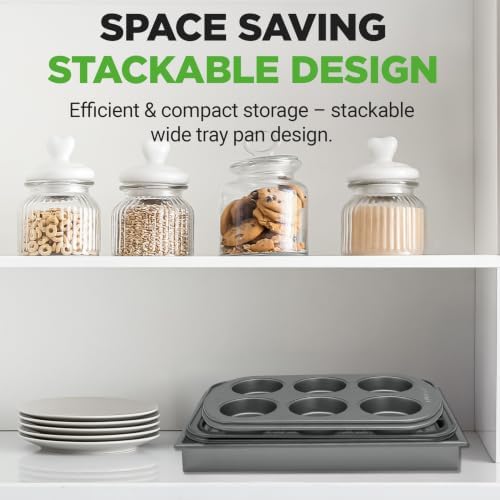NutriChef 6-Piece Toaster Oven Bakeware Set, Compact Non-Stick Stackable Baking Pan Set with Muffin Pans, Roasting Tray & Baking Sheets, Durable Stain-Resistant Carbon Steel Design for Toaster Ovens