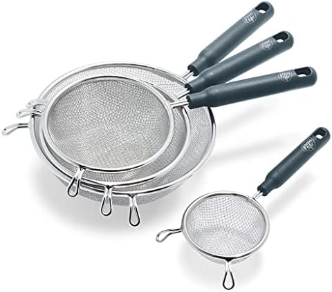 GreenLife Cooking Tools and Utensils, 4 Piece Extra Fine Stainless Steel Mesh Strainer Kitchen Set, Stay Cool Handles, Dishwasher Safe, BPA-Free, Grey