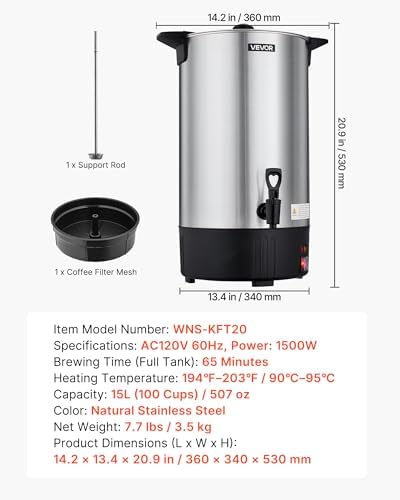 VEVOR Commercial Coffee Urn, 100 Cup 15 L Hot Beverage Dispenser with Dripless Faucet, Quick-Brewing Stainless Steel Large Commercial Coffee Maker, for Catering, Business, Party, Church & Restaurant