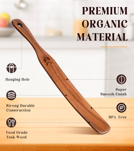 Skinny Spurtle for Sourdough Starter, Mixing, Reaching Bottom of Jar, Dough Whisk, Natural from High Moist Resistance Teak, Spurtles Kitchen Tools Wooden Kitchen Utensils for NonStick Cookware