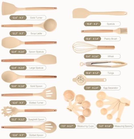 Kitchen Utensils Set - 34 PCS Non-Stick Silicone Cooking Utensils Set Spatula Set with Holder, Wooden Handle Spoon,Brush,Whisk Kitchen Gadgets Tools Set for Nonstick Cookware (Khaki-34P)