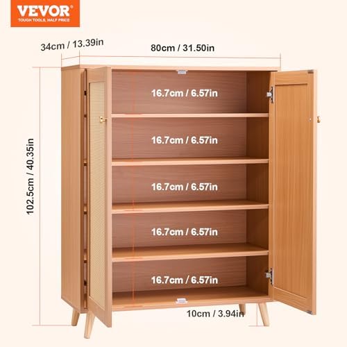 VEVOR Rattan Shoe Cabinet, 5 Tiers Shoe Storage Organizer with 2 Doors and Adjustable Shelves, 40.35" Tall Rattan Shoe Storage Entryway Cabinet Ideal for Entryway, Closet, Hallway, Light Wood Color