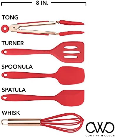 COOK WITH COLOR Silicone Cooking Utensils, Kitchen Utensil Set, Easy to Clean Silicone Kitchen Utensils, Cooking Utensils for Nonstick Cookware, Kitchen Gadgets Set, Mini, Red
