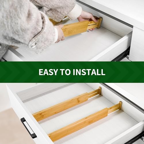 VaeFae 12-Pack Adjustable Bamboo Drawer Dividers, Expandable Drawer Organizer for Kitchen Utensils, Clothes, Bathroom, Office – Fits Drawer Interiors 16.6" to 21.8"