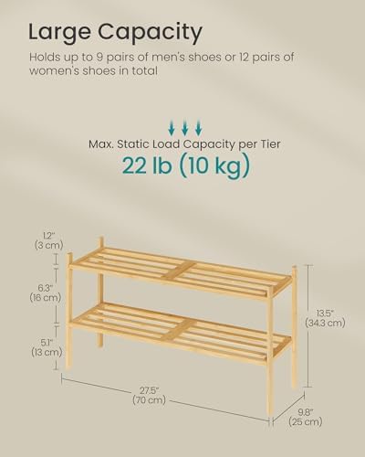 SONGMICS Bamboo Shoe Rack, 2-Tier Stackable Shoe Organizer, for 9-12 Pairs