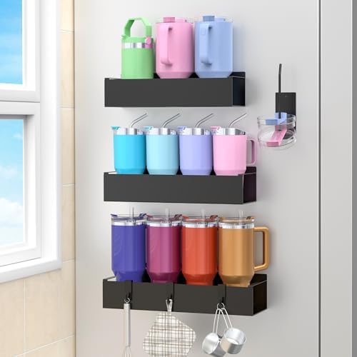 HuggieGems Metal Magnetic Water Bottle Holder for Refrigerator, Cup Holder Organizer for Stanley and Tumbler for Kitchen, 3 Pack, Jet Black