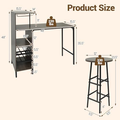 COSTWAY 3 Pieces Bar Table and Chair Set, Industrial Pub Table & Stools