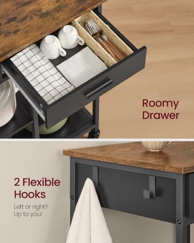 VASAGLE Kitchen Island Cart with Storage, Drawer, Adjustable Shelf, 2 Hooks
