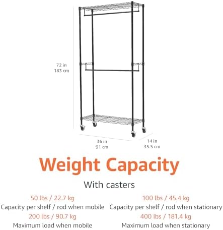 Amazon Basics Adjustable Double Rod Rolling Garment Rack, Hanging Clothes Closet Organizer with Wheels, Heavy Duty, 36" x 14" x 72", Black
