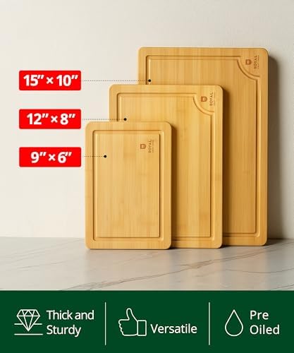 ROYAL CRAFT WOOD Wooden Cutting Boards for Kitchen Meal Prep & Serving - Bamboo Wood Serving Board Set with Deep Juice Groove Side Handles - Charcuterie & Chopping Butcher Block for Meat