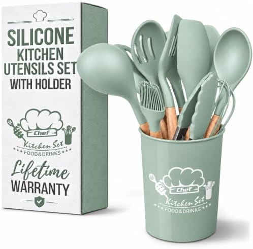 12Pcs Mint Green Kitchen Accessories with Holder for Nonstick Pans