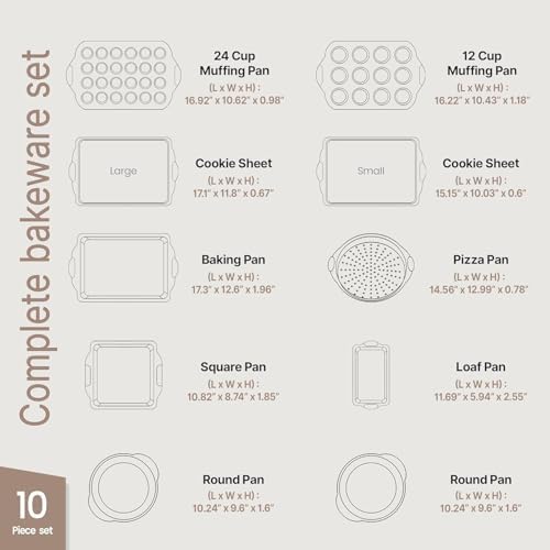 BAKKEN Kitchen Oven Baking Pans - Nonstick Gray Coating, Carbon Steel Bakeware Set with White Silicone Handles, Commercial Restaurant Quality Pans, PFOA, PFOS, PTFE Free, Oven Safe (450° F), Set of 10