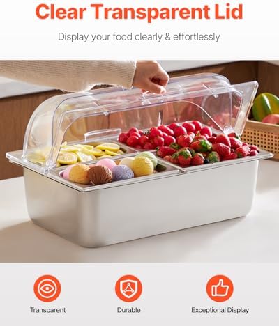 VEVOR Countertop Food Serving Display Container, 4 Pan Stainless Steel Food Serving Tray, Buffet Condiment Dispenser Display Rack with Clear Lid & 3 Freezer Boxes, for Restaurant Hotel Kitchen Party