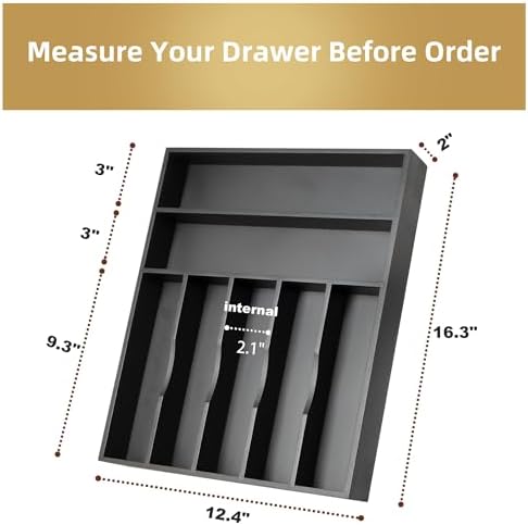 Bamboo Silverware Holder Drawer Utensil Organizer with 7 Slots Black