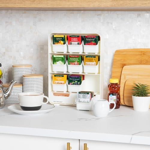Mind Reader Tea Bag Organizer, Tea Station Organizer, Countertop Storage, Kitchen, Plastic, 10.25"L x 3.25"W x 13.75"H, White