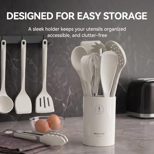 Silicone Cooking Utensils Set - 600°F Heat Resistant, Nonstick Kitchen Utensil Set with Spatulas, Spoons, Whisk, Tongs, BPA Free, Dishwasher Safe, Cream White