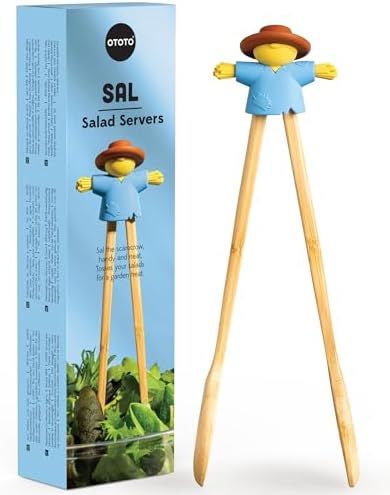 NEW - OTOTO Sal Scarecrow Salad Tongs (2-Piece) - Wooden Tongs Set, Food Safe Toaster Tongs for Serving, Cute Kitchen Tongs, Cool Kitchen Gadgets Accessories, Funny Gifts, Mini Tongs (Blue)