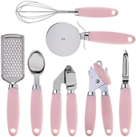 COOK WITH COLOR Kitchen Gadget Set Stainless Steel Utensils with Soft Touch Handles, 7 Pieces, Stainless Steel Pink