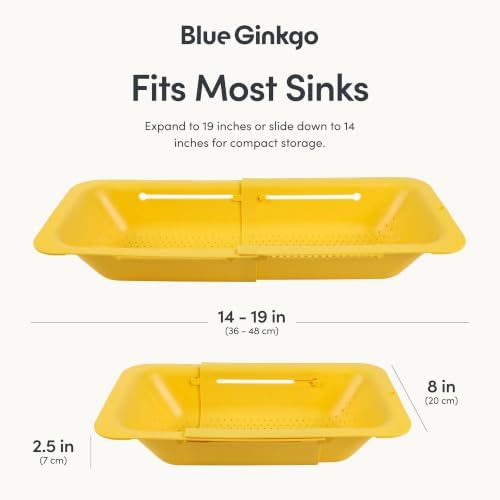 Blue Ginkgo Over Sink Colander, Extendable Kitchen Strainer, Yellow