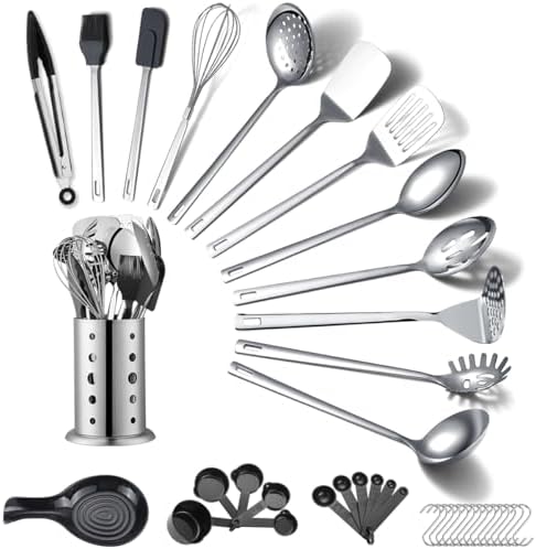 Stainless Steel Kitchen Utensils Set 40 Pieces, Cooking Utensil Set with Utensils Holder, Kitchen Gadgets Kitchen Essentials New Home, House, Appartment Must Have, Metal Spatula Set