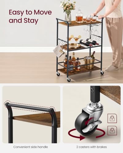 VASAGLE Bar Cart with Wheels, Drink Cart with Wine Rack and Glass Holder