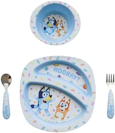 The First Years Bluey 4-Piece Place Setting - BPA Free Dishwasher Safe Toddler Dinnerware Set with Divided Plate, Bowl, Fork, Spoon - Multicolor