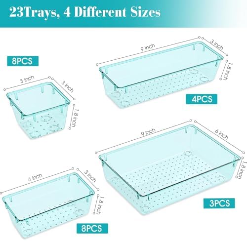 23 PCS Plastic Drawer Organizers Set, 4 Size Desk Drawer Organizer Trays