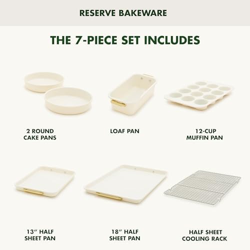 GreenPan Bakeware Set, 7 Piece Nonstick Ceramic Gold Handle Baking Sheets, Cake Pans, Loaf Pan, Muffin Tin, Cooling Rack, PFAS & BPA Free, Freezer to Oven Dish, Bake & Roast Ovenware, Cream