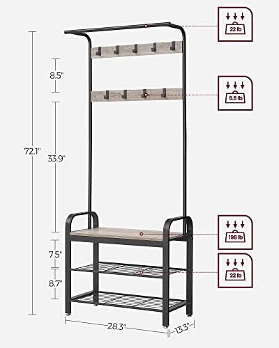 VASAGLE Coat Rack, Hall Tree with Shoe Bench, 4-in-1, 9 Removable Hooks
