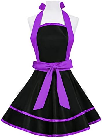Violet Mist Cute Lovely Retro Aprons for Women Girls Lady Sexy Vintage Aprons Black Purple Vintage 50s Apron Halloween Christmas Apron Cooking Kitchen Ruffle Apron for Housewife Waitress Mother's Gift