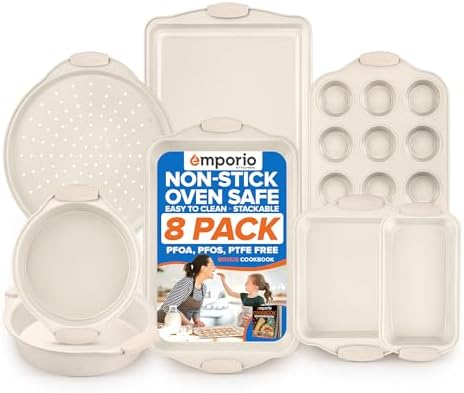 Emporio Kitchen Baking Pan Set - Nonstick Coating, Carbon Steel Bakeware Set with White Silicone Handle, PFOA, PFOS, PTFE Free, Recipe Booklet Included, Oven Safe Tray (Up To 450° F), Set of 8 - White